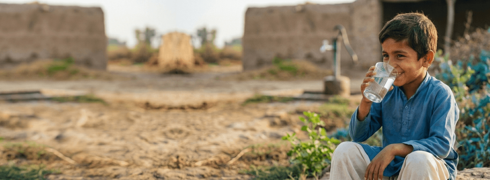 A young boy in rural Pakistan drinking a glass of clean water
