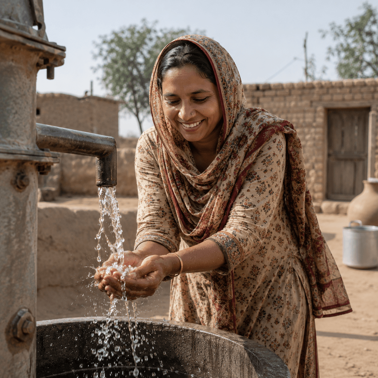 A girl drinking clean water from a hand pump