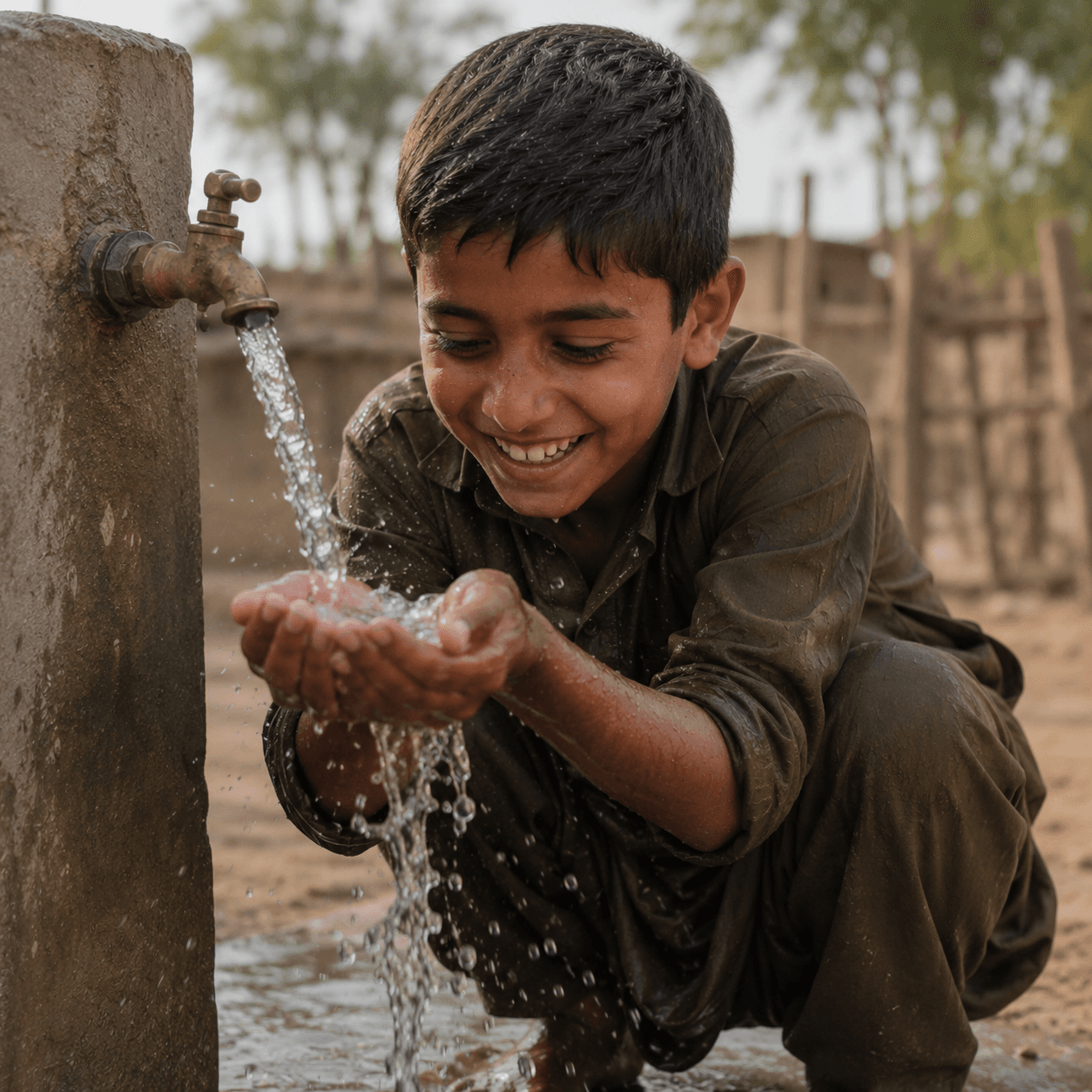 A woman smiling while collecting water at a tap