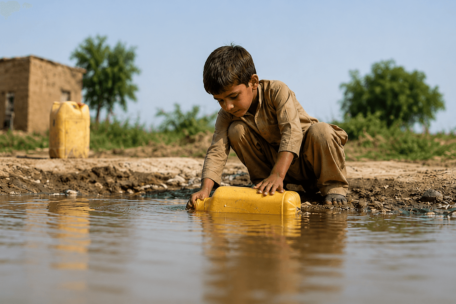 A girl washing her hands under a hand pump
