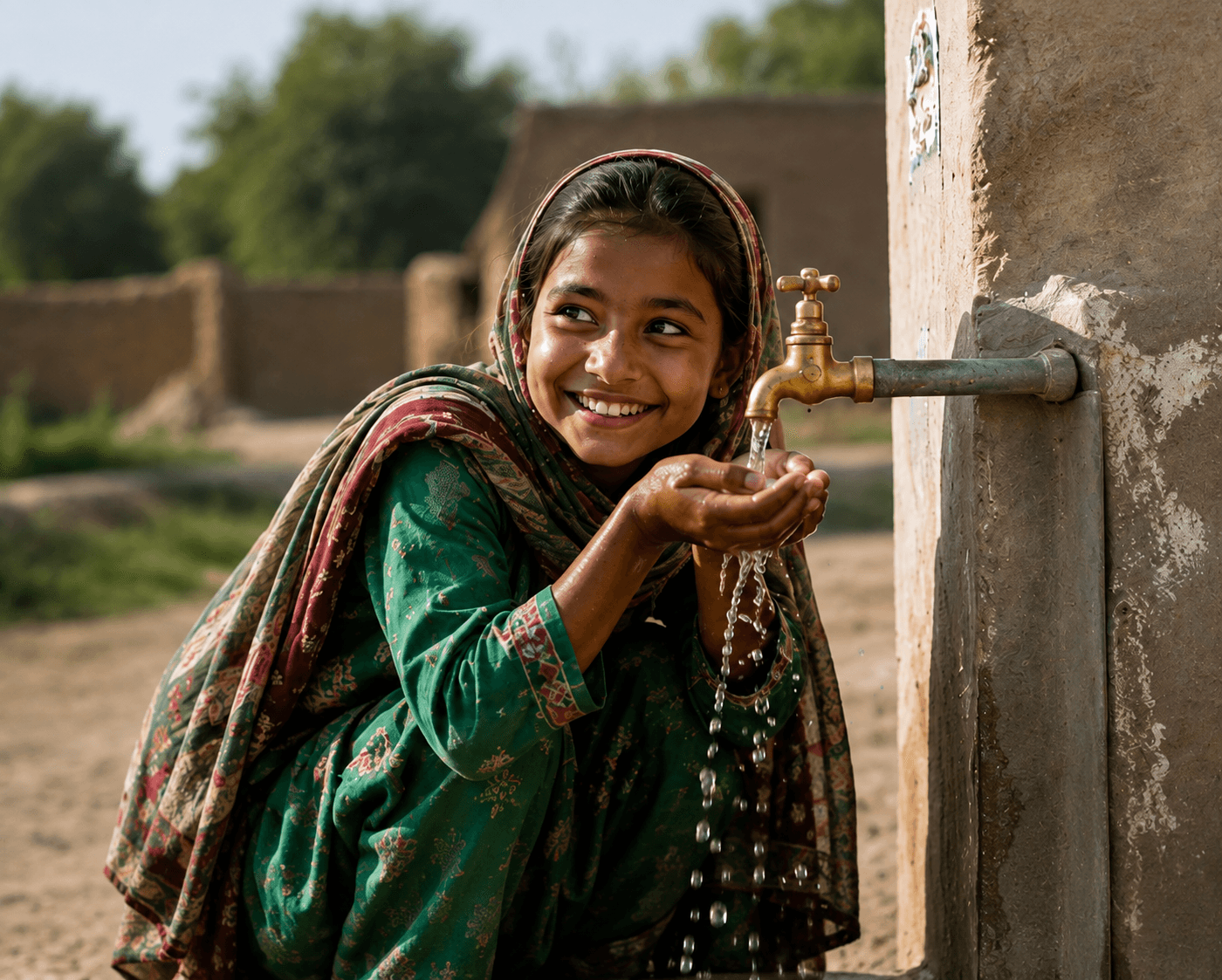 A boy drinking clean water from a hand pump