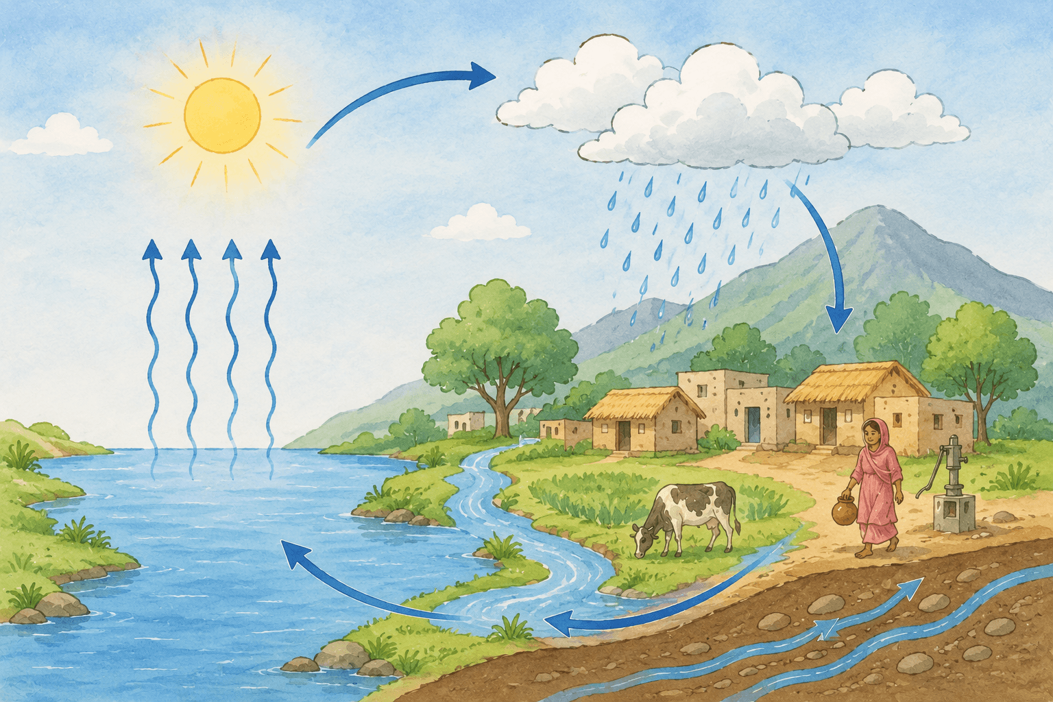 Watercolour illustration of the water cycle over a village