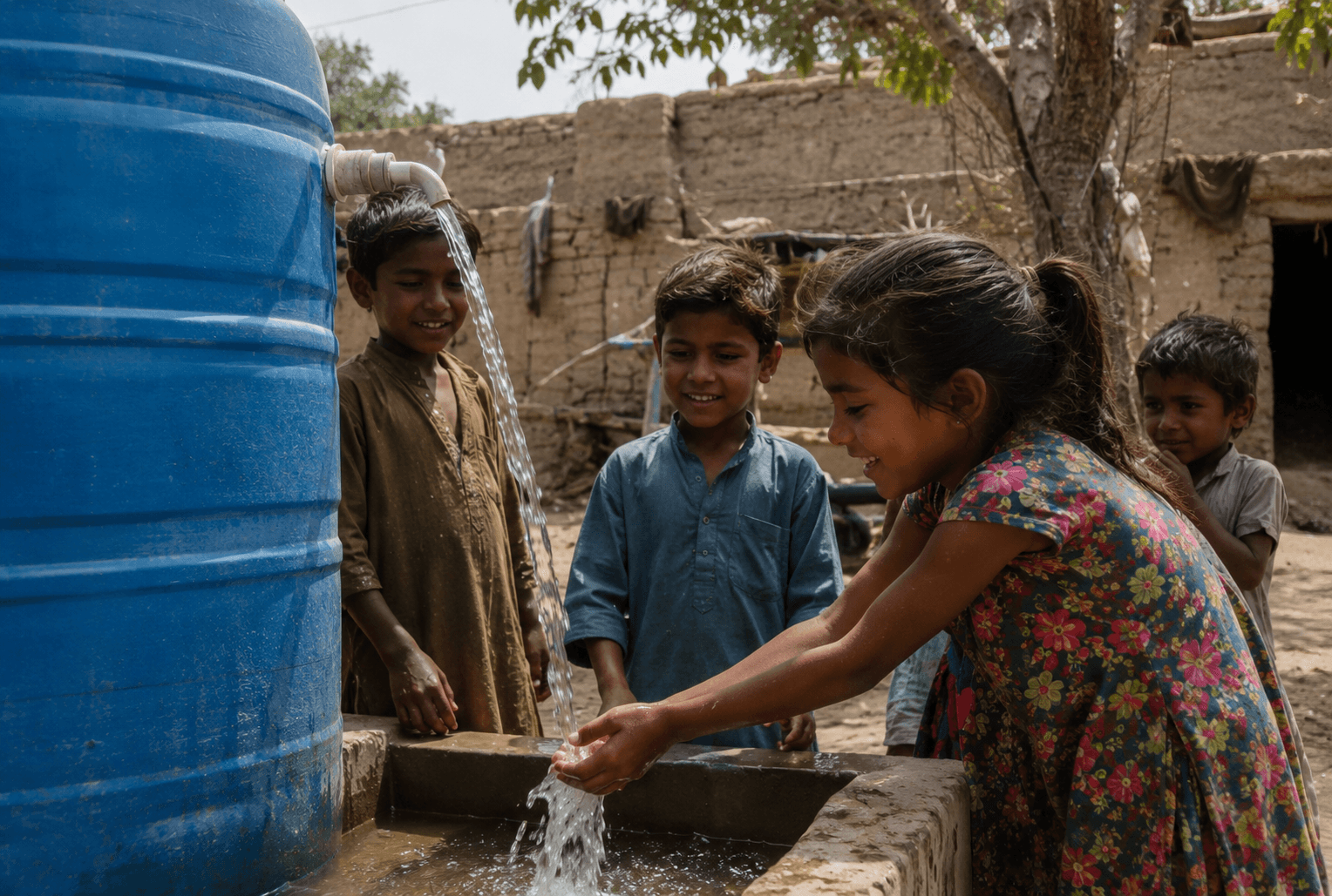 Children filling their hands with water from a village hand pump