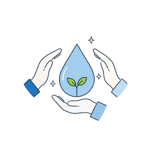 Hands cupped around a water droplet with a growing seedling