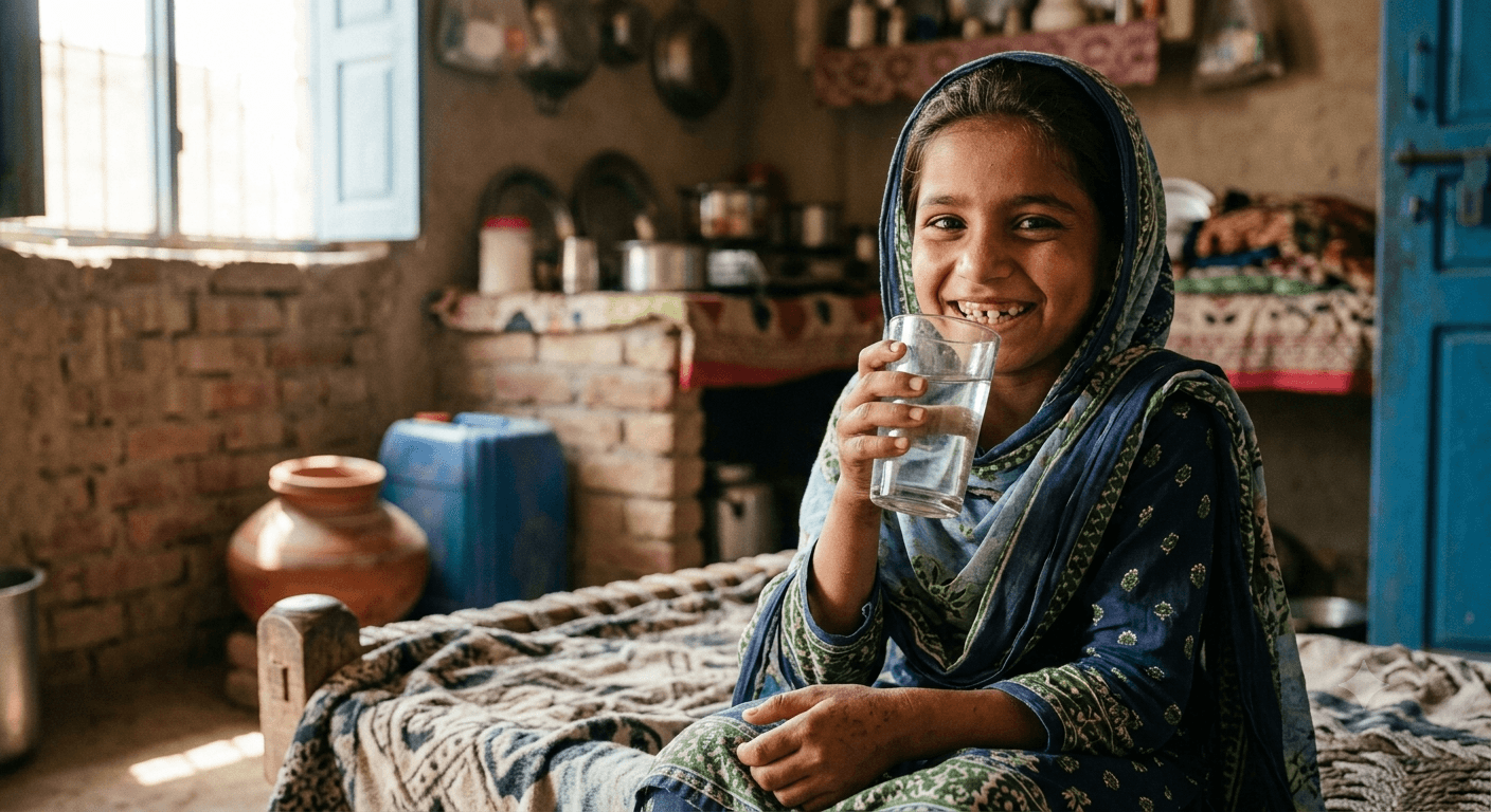 A girl smiling while drinking a glass of clean water at home