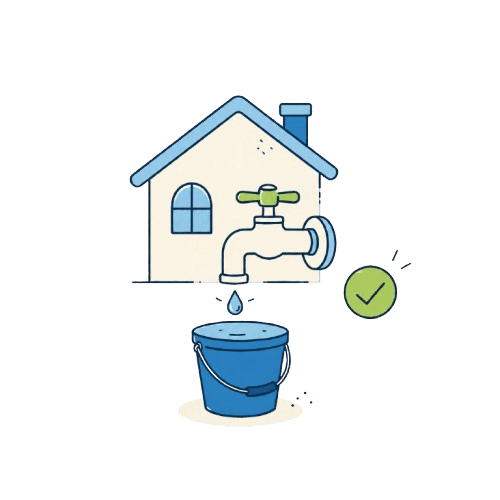 A house icon with a leaking tap filling a bucket